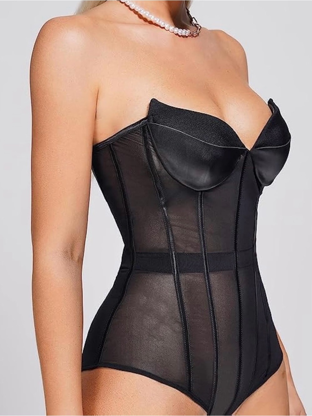 Bella Barnett Black Sheer Mesh Strapless Corset Bodysuit Women’s Size Small